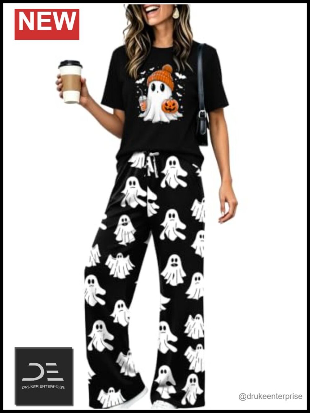 Women's 2-Piece Halloween Pajama Set Skeleton Graphic Tee & Wide-Leg Pants
